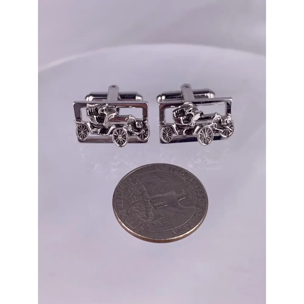 Model T Antique Car Buggy Silver Tone Cufflinks Shields Vintage K1